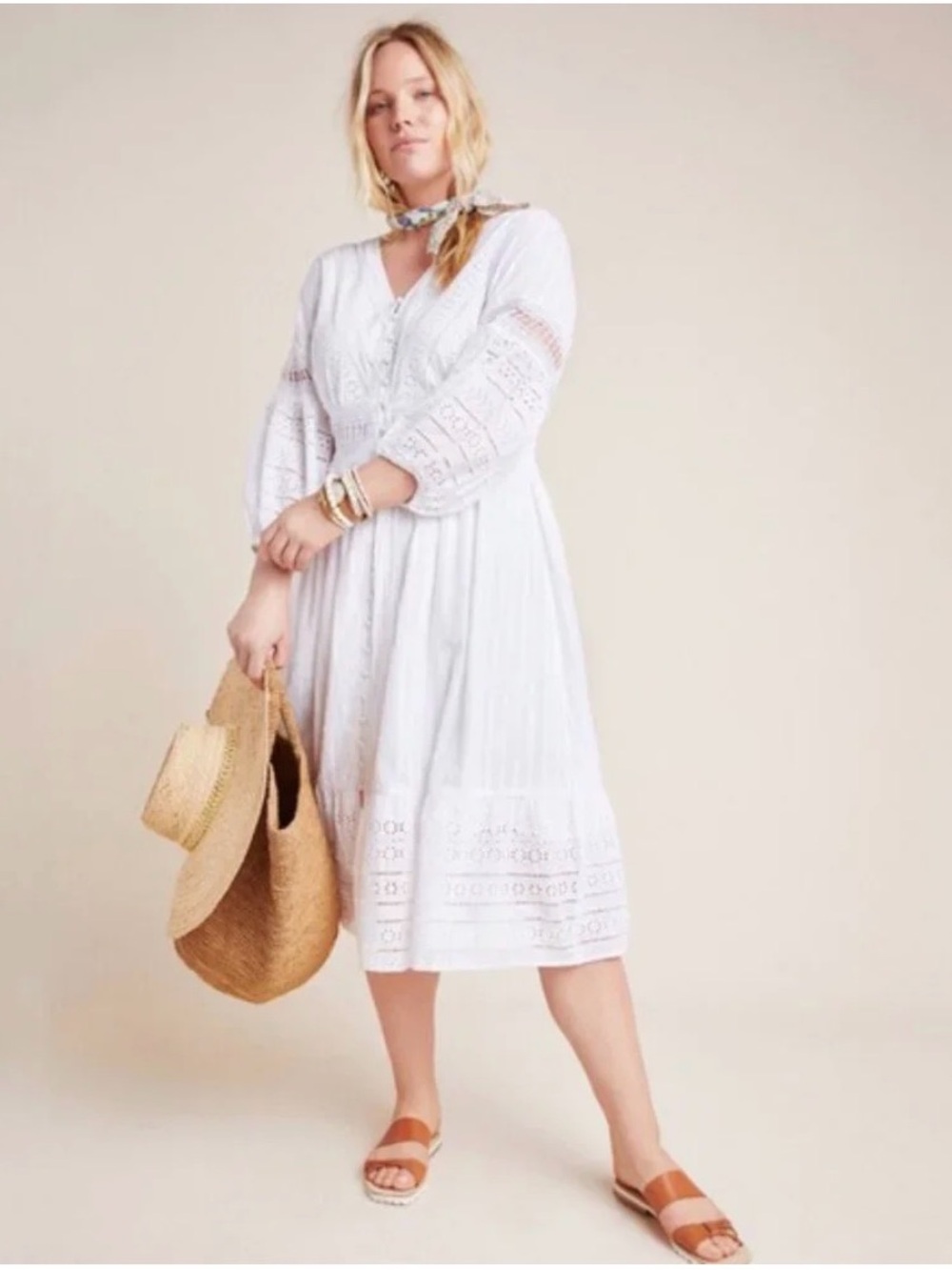 Anthropologie Ebba White Eyelet Midi Dress with Button Front